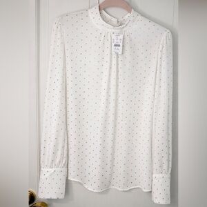 J.Crew Women’s White Gold Polka Dot Blouse XL Mock Neck Long Sleeve